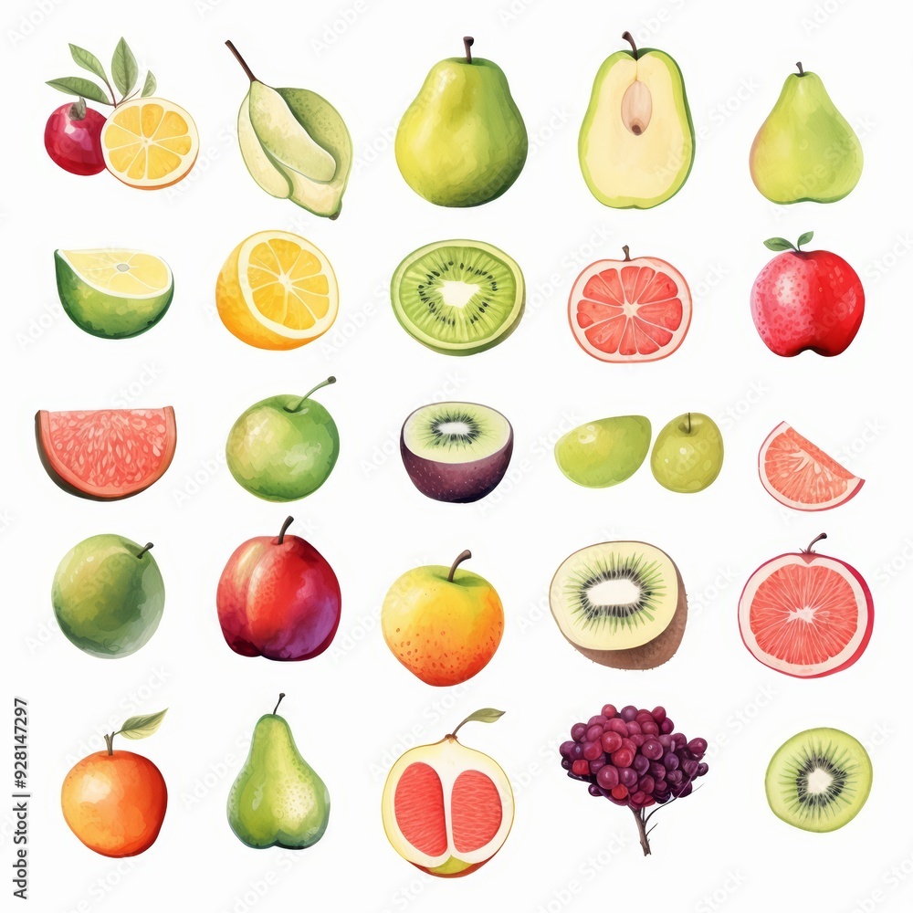 A collection of various fruits and berries, including apples, pears, grapes, kiwi, limes, lemons, and grapefruit, isolated on a white background. A collection of various fruits and berries, including apples, pears, grapes, kiwi, limes, lemons, and grapefruit, isolated on a white background.