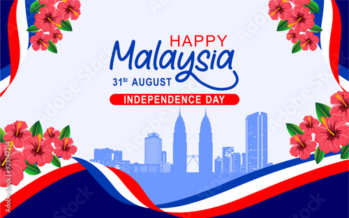Malaysia Independence day 1957, Happy Independence day 2024, 31st August, 31 August, National Day, Independence Day, with flags, ribbons and hibiscus flowers vector illustration