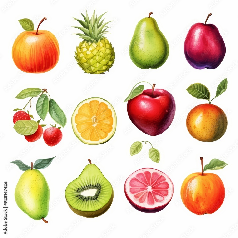 A collection of fresh fruits and berries including pineapple, kiwi, apple, pear, orange, strawberry, grapefruit. A collection of fresh fruits and berries including pineapple, kiwi, apple, pear, orange, strawberry, grapefruit.