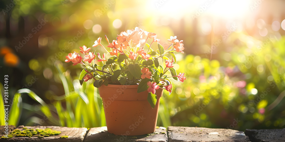 Sunny Spring Garden with Flowerpots - Gardening Background Sunny Spring Garden with Flowerpots - Gardening Background