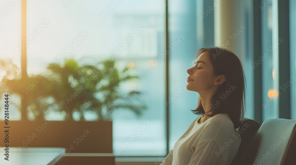 Mindful moment in the office: Woman practicing deep breathing, eyes gently closed, surrounded by soft natural light, serene workspace atmosphere, promoting mindfulness and well-being in the workplace. Mindful moment in the office: Woman practicing deep breathing, eyes gently closed, surrounded by soft natural light, serene workspace atmosphere, promoting mindfulness and well-being in the workplace.
