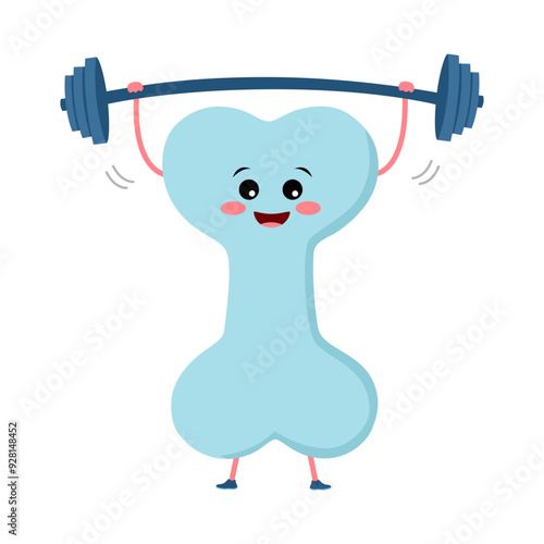 Cute healthy bone cartoon character with dumbbells in flat design on white background.