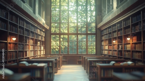 Grand Historic Library Interior with Sunlit Desks and Wooden Bookshelves, Perfect for Study and Reflection