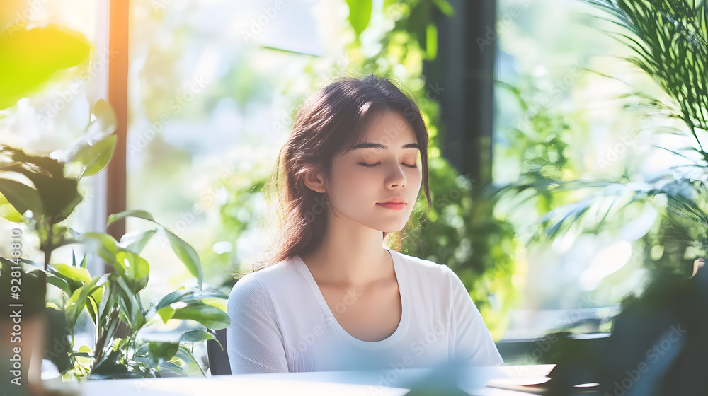 Mindful moment in the office: Woman practicing deep breathing, eyes gently closed, surrounded by soft natural light, serene workspace atmosphere, promoting mindfulness and well-being in the workplace. Mindful moment in the office: Woman practicing deep breathing, eyes gently closed, surrounded by soft natural light, serene workspace atmosphere, promoting mindfulness and well-being in the workplace.