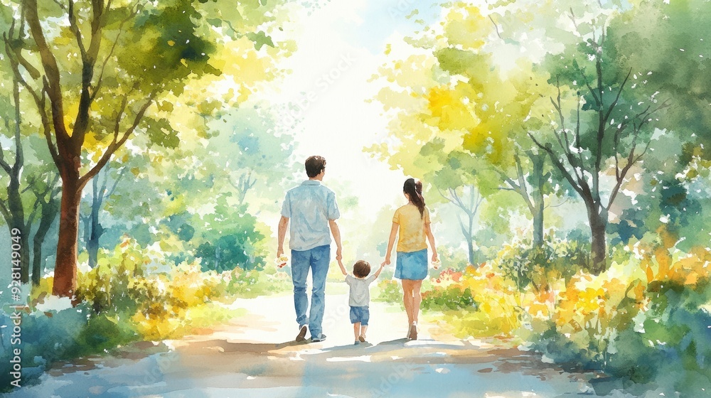 A happy family enjoying a leisurely walk in a sunlit park, surrounded by lush greenery and vibrant flowers. A happy family enjoying a leisurely walk in a sunlit park, surrounded by lush greenery and vibrant flowers.