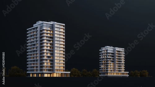 Two modern apartment buildings illuminated at night, with a dark background.