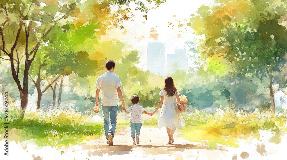 Illustration of a family walking in a park, surrounded by greenery and sunlight, representing love, togetherness, and nature. Illustration of a family walking in a park, surrounded by greenery and sunlight, representing love, togetherness, and nature.