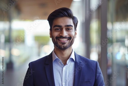 Portrait of a Smiling Indian Businessman in a Blue Suit