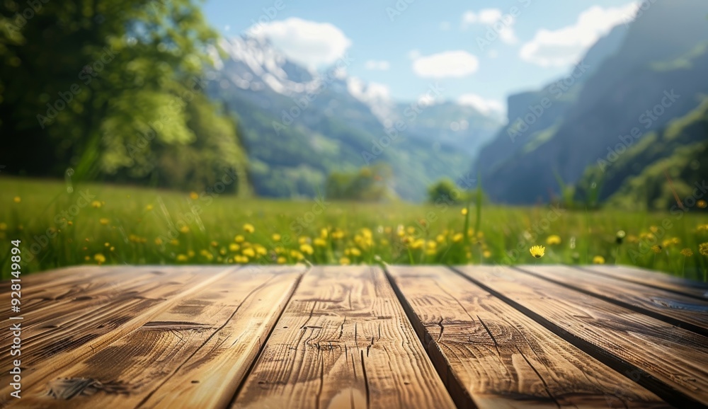 Wooden Plank Tabletop with Blurred Mountain and Meadow Background Wooden Plank Tabletop with Blurred Mountain and Meadow Background
