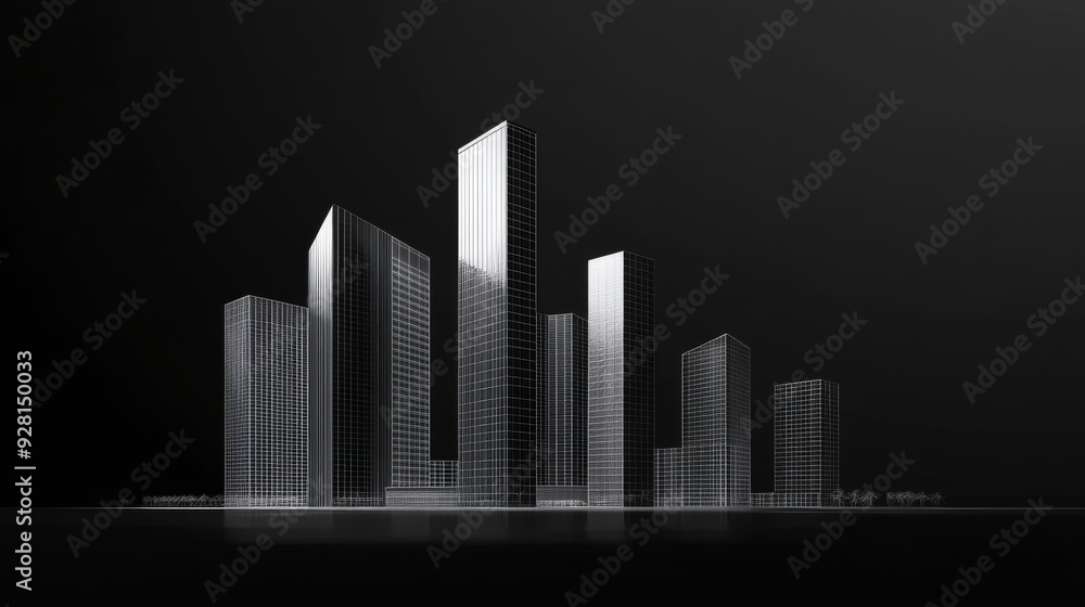 Fototapeta premium Black and white cityscape with tall buildings and reflections.