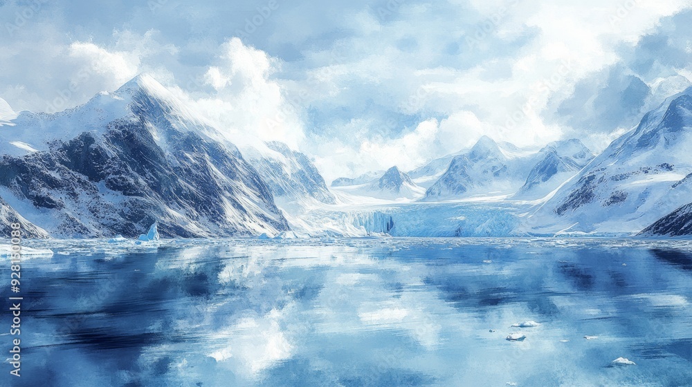 A breathtaking icy landscape featuring majestic mountains and serene waters reflecting the clouds above. A breathtaking icy landscape featuring majestic mountains and serene waters reflecting the clouds above.