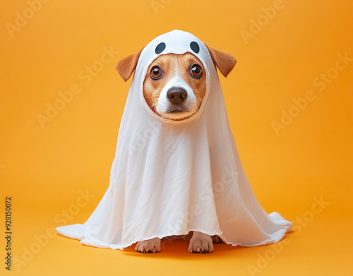 Funny dog wearing cute ghost Halloween costume on orange background.