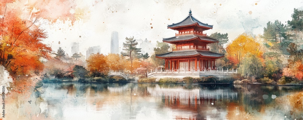 A serene landscape featuring a traditional Asian pagoda reflecting on calm waters, surrounded by vibrant autumn foliage. A serene landscape featuring a traditional Asian pagoda reflecting on calm waters, surrounded by vibrant autumn foliage.