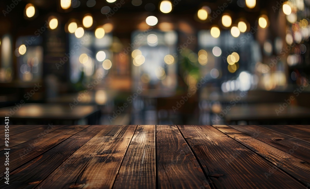Closeup of a Wooden Tabletop with a Blurred Background of a Warmly Lit Restaurant Closeup of a Wooden Tabletop with a Blurred Background of a Warmly Lit Restaurant