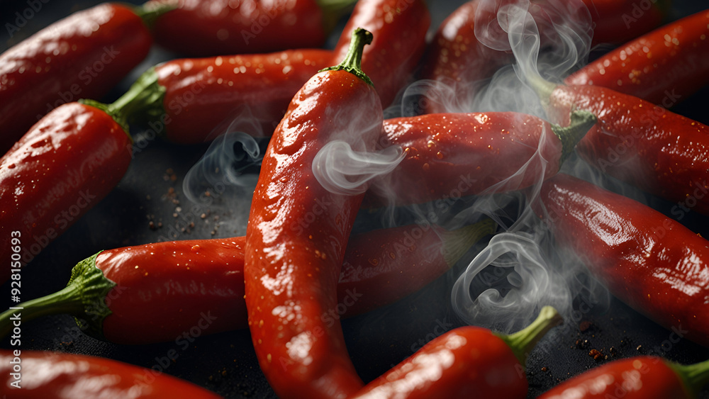 A vibrant red chili pepper covered in water droplets, with wisps of smoke curling around it, rests on a reflective dark surface.
A vibrant red chili pepper covered in water droplets, with wisps of smoke curling around it, rests on a reflective dark surface.
