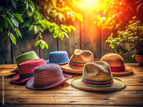 A colorful still life arrangement of assorted hats neatly organized on a wooden table, casting a warm and inviting atmosphere with soft natural light. photo