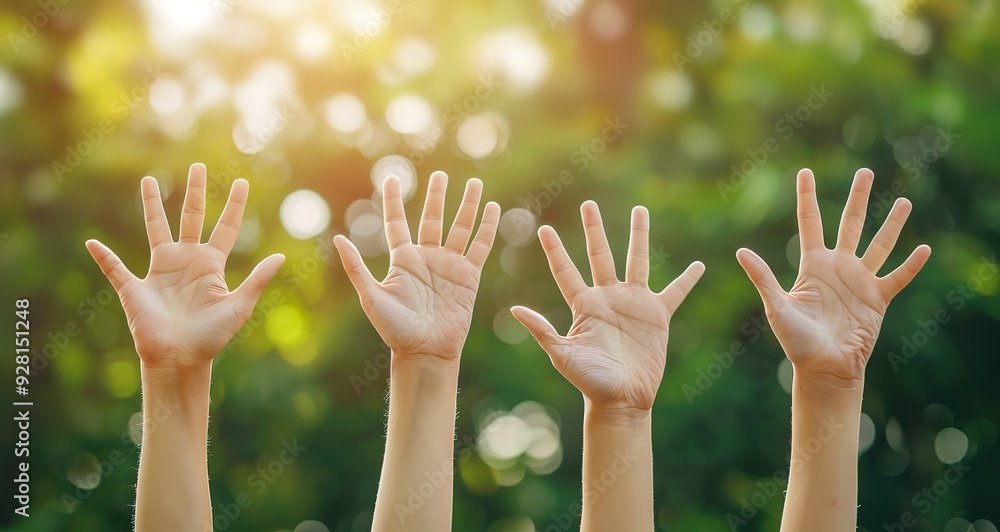 Four hands raised in the air against a blurred background of green leaves and sunlight. A symbol of hope, unity, and collaboration. Four hands raised in the air against a blurred background of green leaves and sunlight. A symbol of hope, unity, and collaboration.