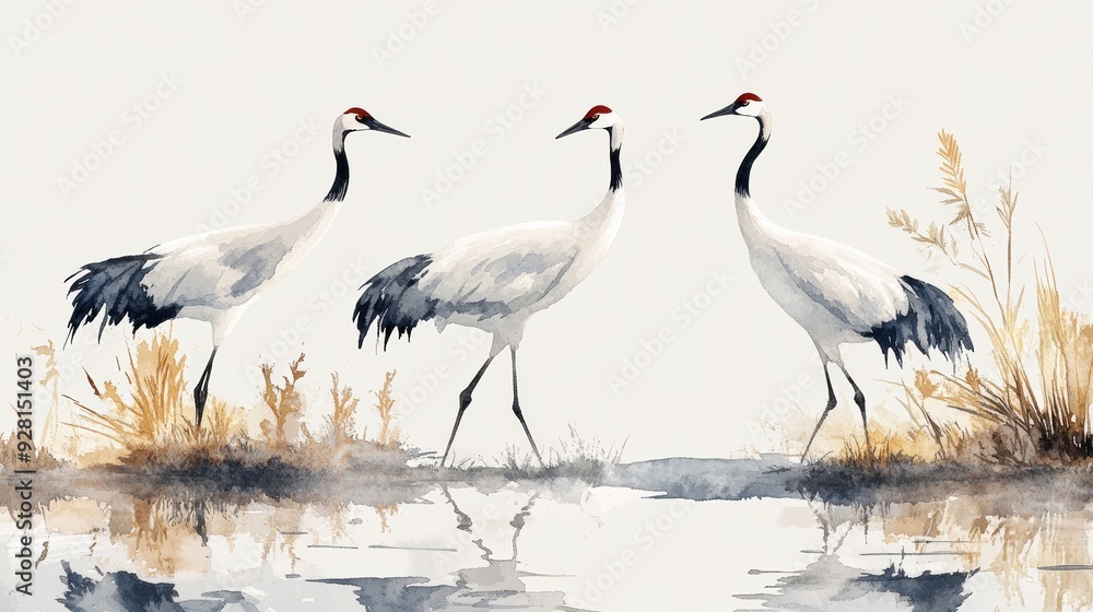 Obraz premium Elegant cranes wade through serene waters, embodying grace and beauty in a tranquil natural setting.