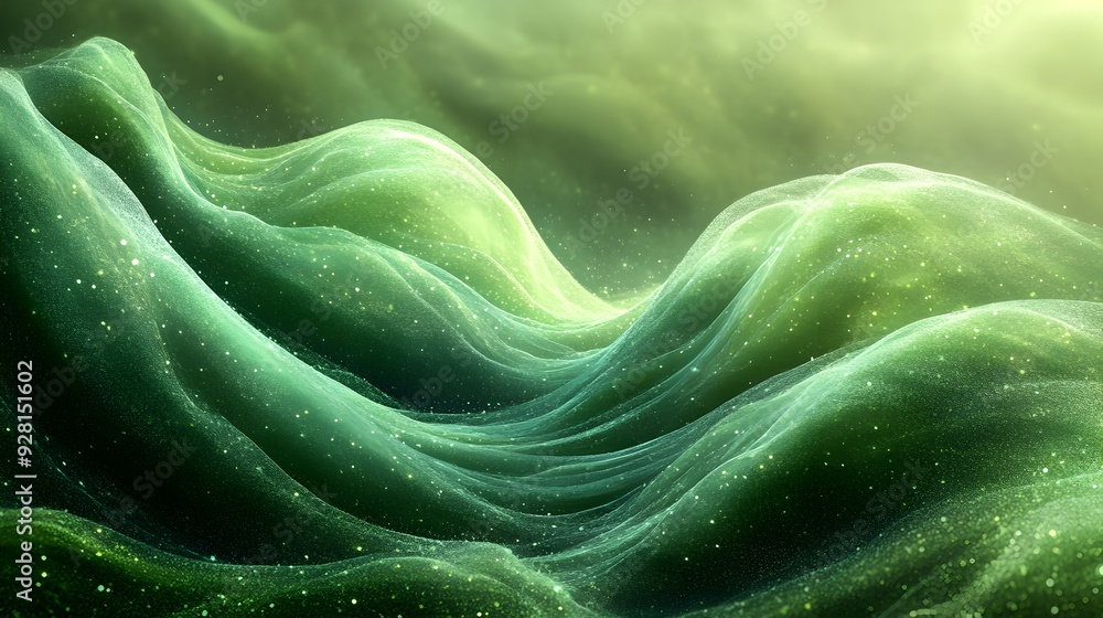 Radiant Undulating Waves of Vibrant Green Swirling Over Textured Gradient Surface Radiant Undulating Waves of Vibrant Green Swirling Over Textured Gradient Surface
