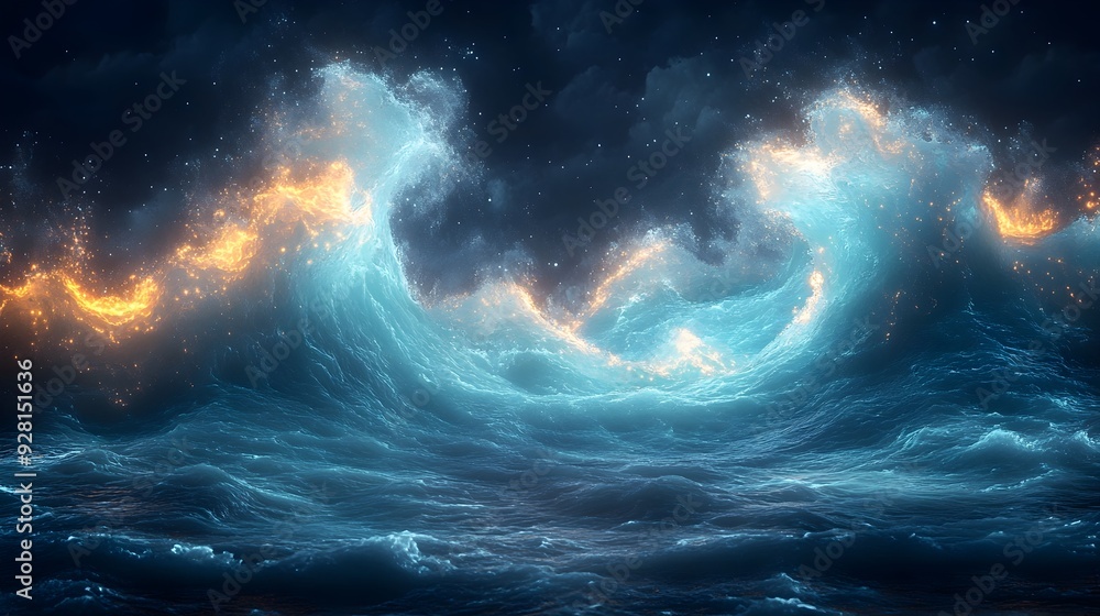 Fototapeta premium Captivating Bioluminescent Wave of Shimmering Aquamarine Light Flowing Dynamically Across a Gradient Canvas