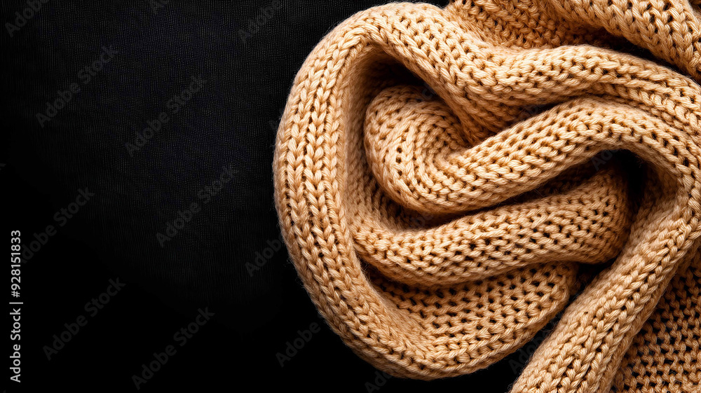 Fototapeta premium A soft, beige knitted scarf is artfully draped on a black background, showcasing its warm and cozy texture.