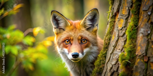 A cunning red fox with piercing yellow eyes and a bushy tail peeks out from behind a tree, exuding slyness and mischief in a forest setting.