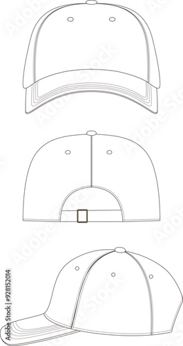 hat template vector, Snapback hat Technical Drawing Illustration Blank Streetwear Mock-up Template, Blank White Baseball Cap, Meshbaseball cap vector template, technical hat apparel vector. line art