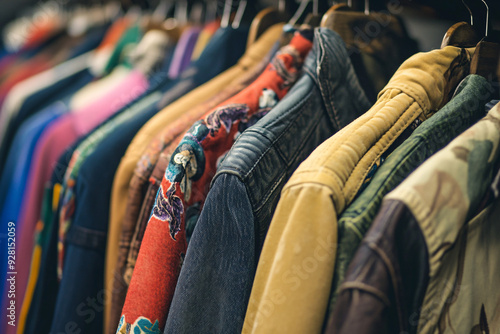 A rack of clothes with a red shirt hanging from the top photo