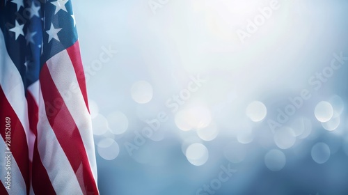 Obraz na płótnie Realistic USA flag on blue blurry sky background w salonie