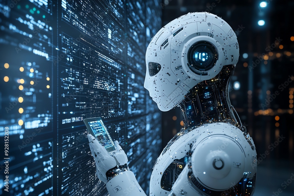 AI Robot Working With Data. AI Robot Working With Data.