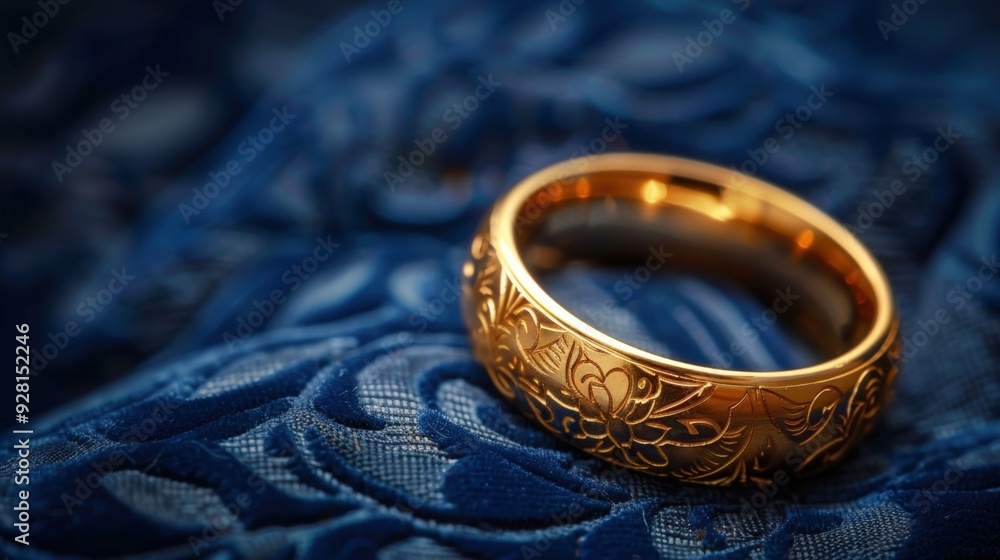 A golden wedding ring on a rich navy blue background, focusing on the ring's intricate engravings and the symbol of eternal love. A golden wedding ring on a rich navy blue background, focusing on the ring's intricate engravings and the symbol of eternal love.