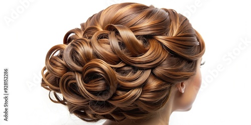 A elegant, curly brown hairpiece with subtle layers and natural texture, styled in a sleek updo, rests on a white background, waiting for application. photo