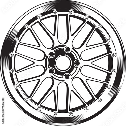 VECTOR RIMS BW BLACK AND WHITE EDITABLE ICON BADGE SIMILAR LIKE 2D VECTOR ENKEI RPF 2D VECTOR FLAT IMAGE SIX SPOKE WHEELS, car wheel rim vector silhouette EDITABLE ICON BADGE, car wheel on white