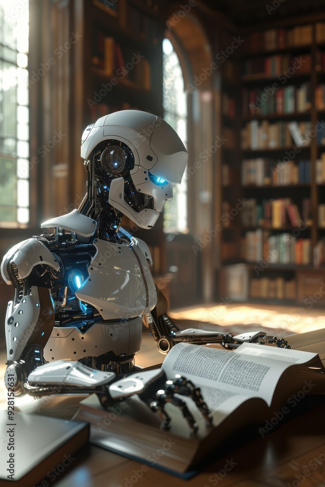Humanoid AI robot reading against a fuzzy background in a library Humanoid AI robot reading against a fuzzy background in a library