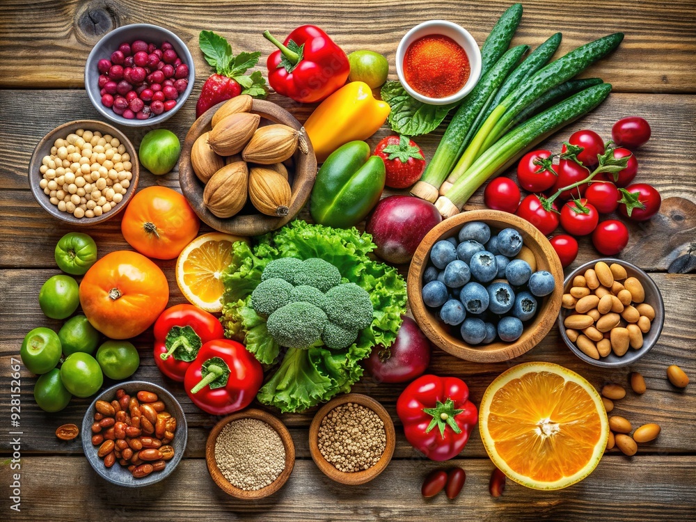 A fresh and colorful arrangement of fruits, vegetables, and nuts on a rustic wooden table, symbolizing a balanced diet for a healthy thyroid function. A fresh and colorful arrangement of fruits, vegetables, and nuts on a rustic wooden table, symbolizing a balanced diet for a healthy thyroid function.