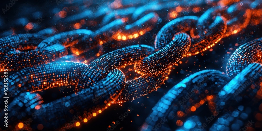 A close-up of vibrant glowing chains featuring blue and orange lights, illustrating strength and technology in a digital age. A close-up of vibrant glowing chains featuring blue and orange lights, illustrating strength and technology in a digital age.