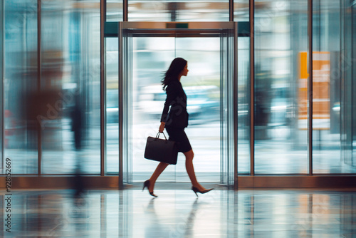 A woman in a business suit is walking through a busy city street