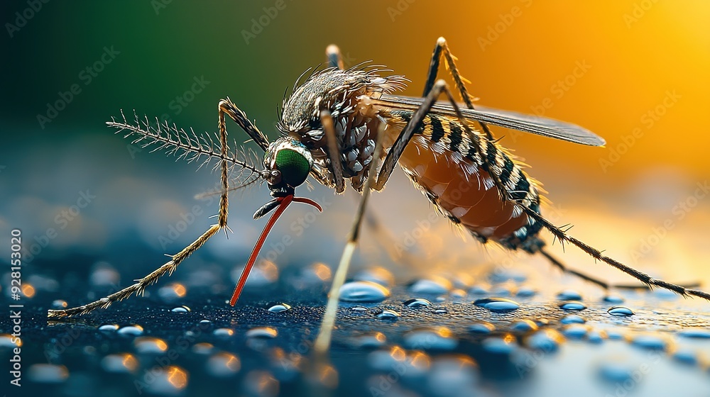 Naklejka premium A Mosquito Perched on Dew-Covered Surface