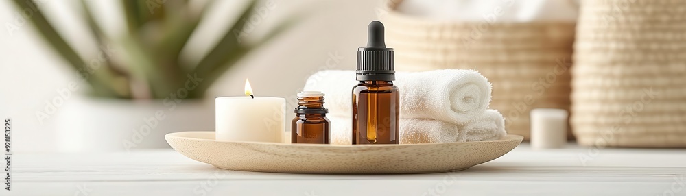 Essential oils and spa tools in calm setting close up, focus on, copy space, tranquil color scheme, Double exposure silhouette with gentle breeze Essential oils and spa tools in calm setting close up, focus on, copy space, tranquil color scheme, Double exposure silhouette with gentle breeze