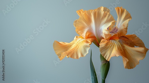 A single peach iris flower with delicate petals and a green stem against a pale blue background. photo