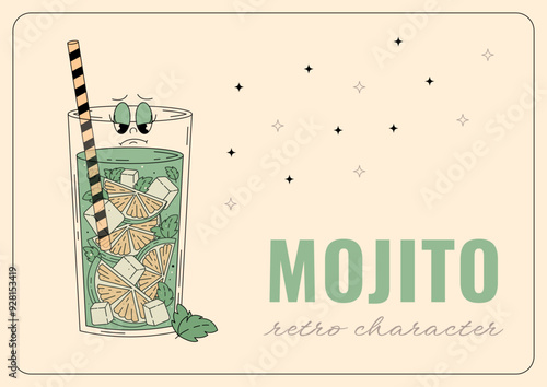 Groovy character mojito. Retro banner and label with popular alcoholic beverage. Cafe bar or cocktail lounge logo and sign. Summer retro  vector illustration 70s, 80s style
