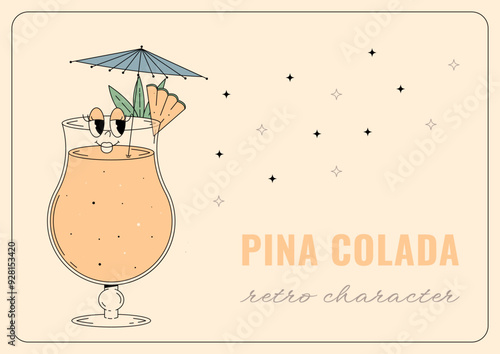 Groovy character pina colada. Retro banner and label with popular alcoholic beverage. Cafe bar or cocktail lounge logo and sign card. Summer vintage vector illustration