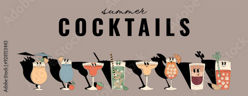 Retro groovy characters summer cocktails. Banner with cute alcohol beverage mojito, pina colada, bloody mary and other. Vintage vector illustration 70s, 80s style