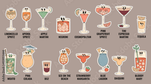 Groovy characters of cocktails and drinks, set of retro stickers with popular alcoholic beverages. Concept for cafe bar and cocktail lounge. Retro vector collection 70s, 80s style