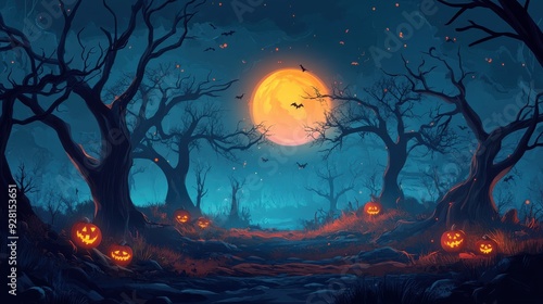 Wallpaper Mural A spooky Halloween night scene with eerie trees, glowing pumpkins, bats flying, and a bright full moon in a mystical atmosphere. Torontodigital.ca