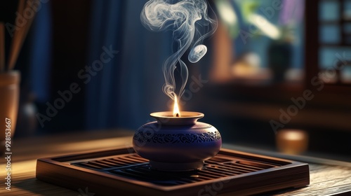 A fragrant incense burner in a serene setting creates a calming atmosphere with its delicate smoke tendrils curling upwards.