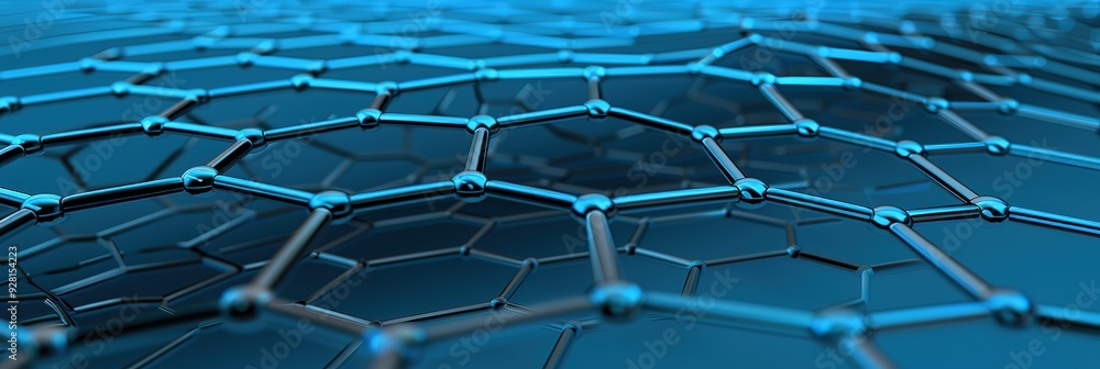 Fototapeta premium Abstract 3D illustration of a graphene molecule structure. A honeycomb like pattern of atoms connected by bonds, representing the strong and versatile material.