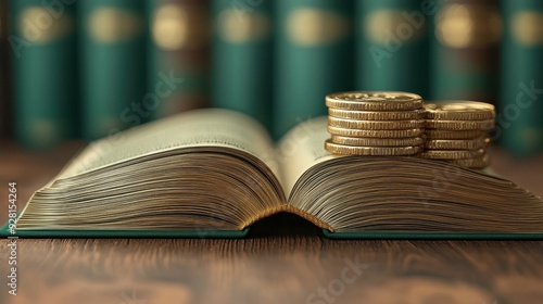 An open book with stacks of coins symbolizes financial knowledge and investment strategies. photo