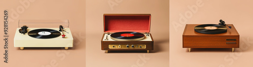 istinct styles of vinyl record players: vintage white plastic turntable with wooden base and red velvet cover, classic brown wood-grained model with cream-colored paint and brass accents, photo