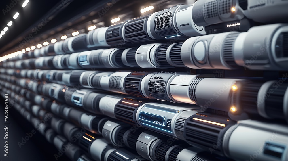 Cutting-Edge Data Center Infrastructure: 3D Clay Illustration of Modern Server Rack Farm with Glowing LED Lights Cutting-Edge Data Center Infrastructure: 3D Clay Illustration of Modern Server Rack Farm with Glowing LED Lights
